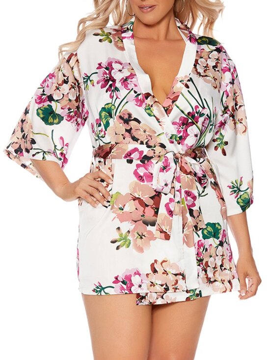 Other - Plus Size Floral Charmeuse Kimono Robe Short Satin Lingerie Robe with Belt